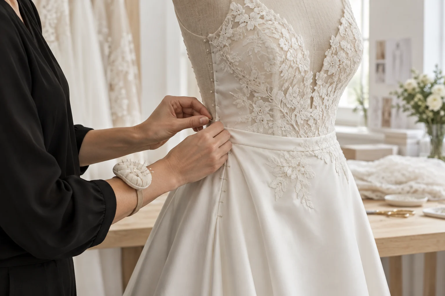 A dressmaker’s hands fitting the waist of an ivory wedding gown