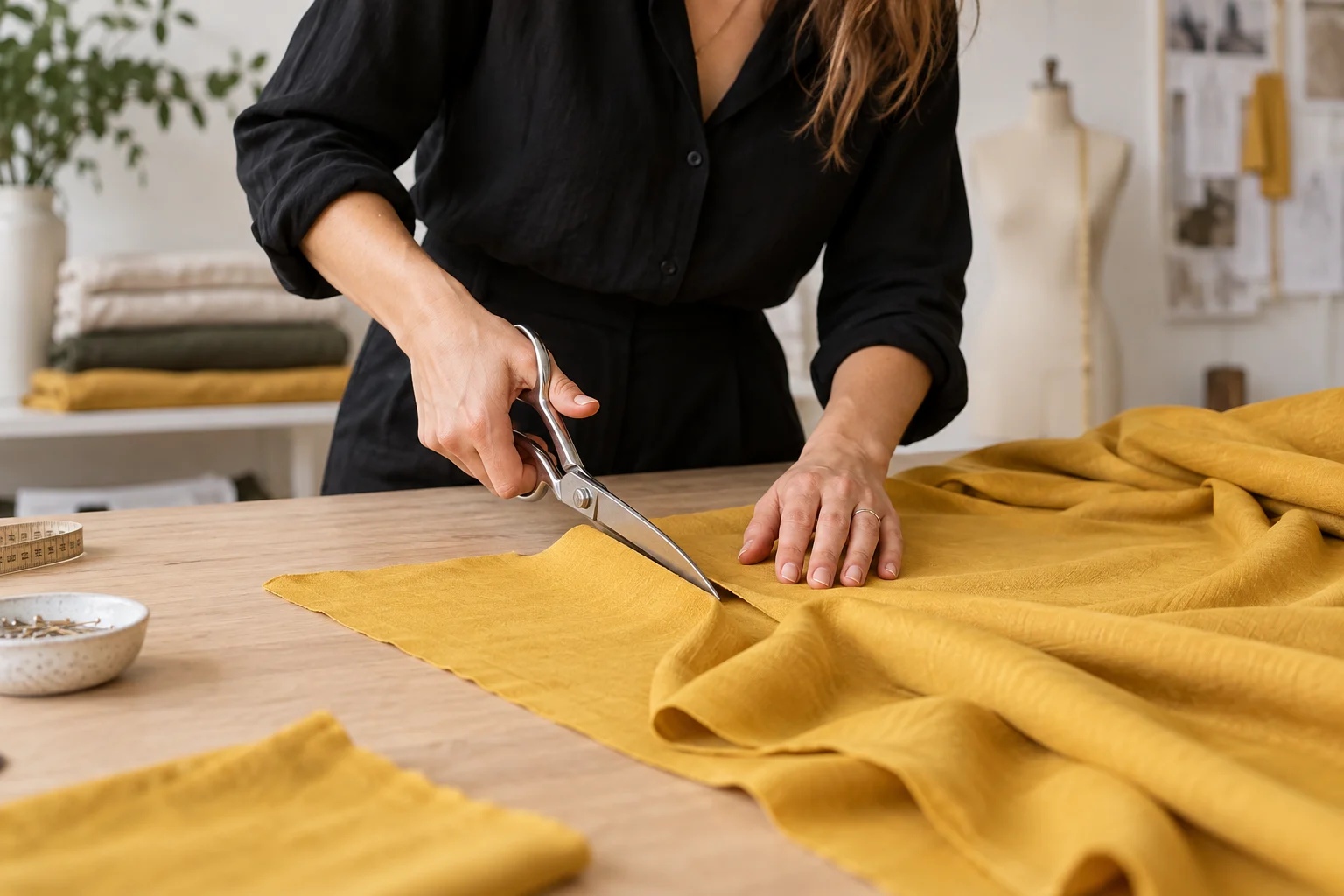 A woman tailor cutting fabric with care